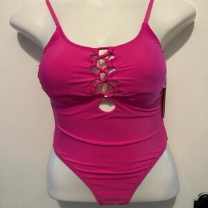 NEW - No Boundaries Vibrant Hot Pink Lace-Up One-Piece Swimsuit - Size: XS 0-2